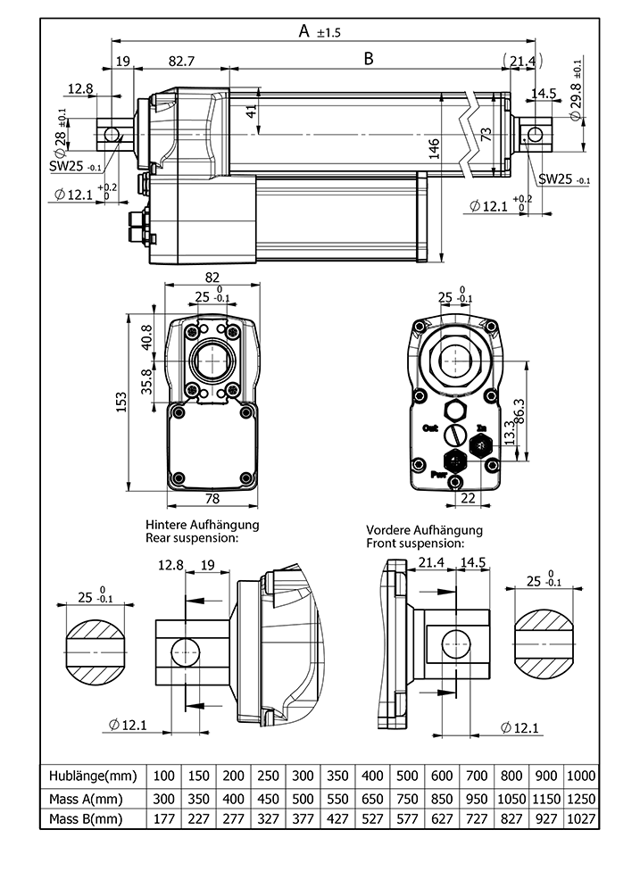 Technical drawing linear actuator LD1000C
