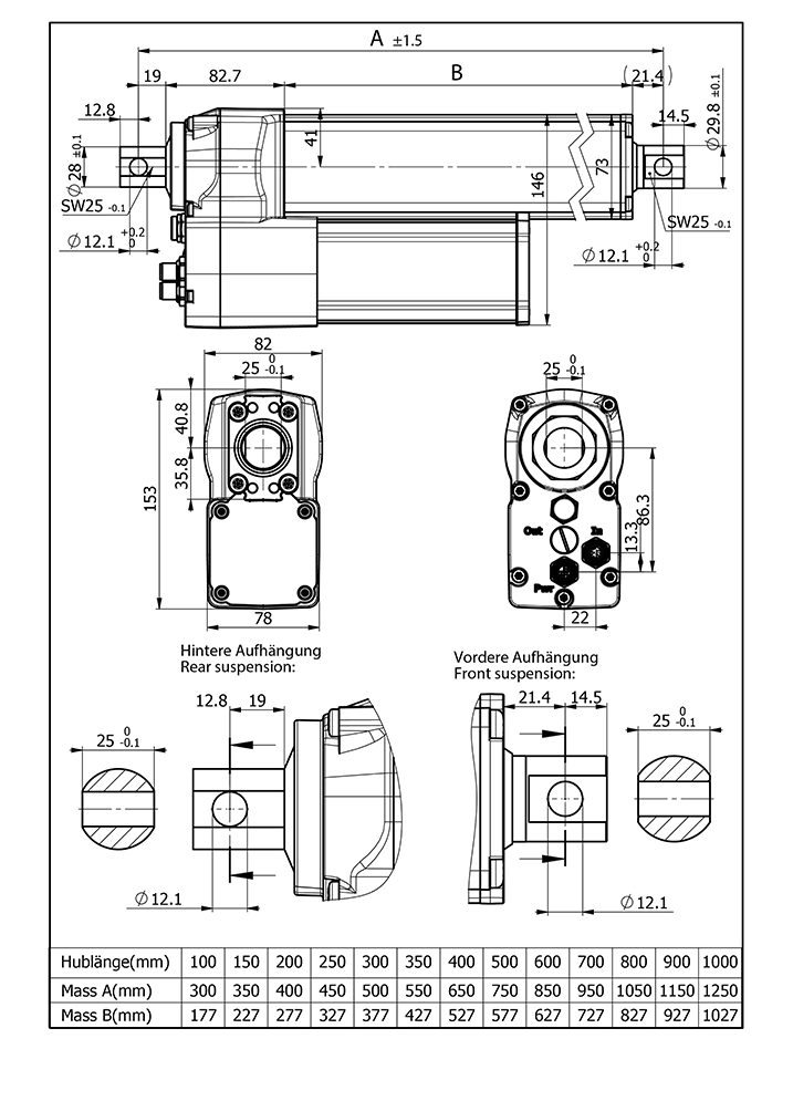 Disegno tecnico attuatore lineare LD1000C